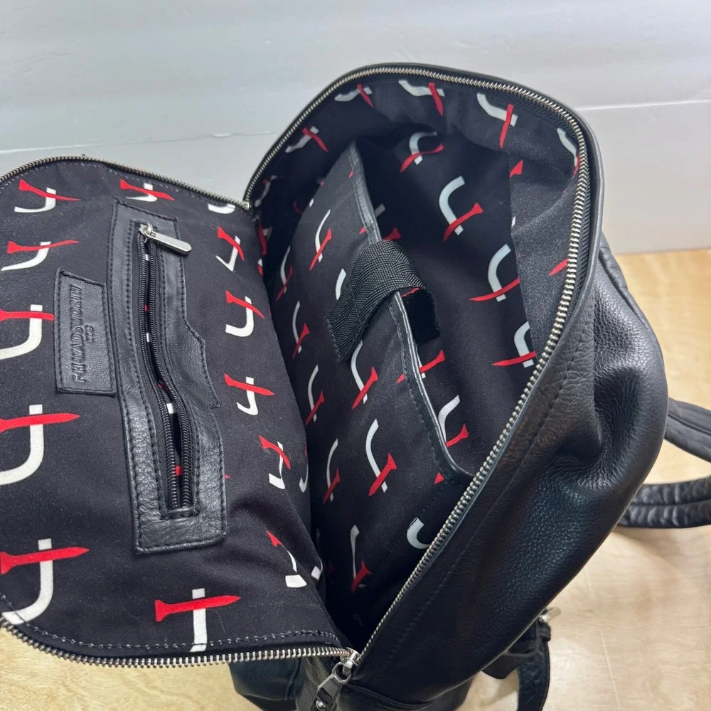 FH Wadsworth Black Leather Backpack Short Par 4 Logo Laptop Sleeve Frayed *READ*